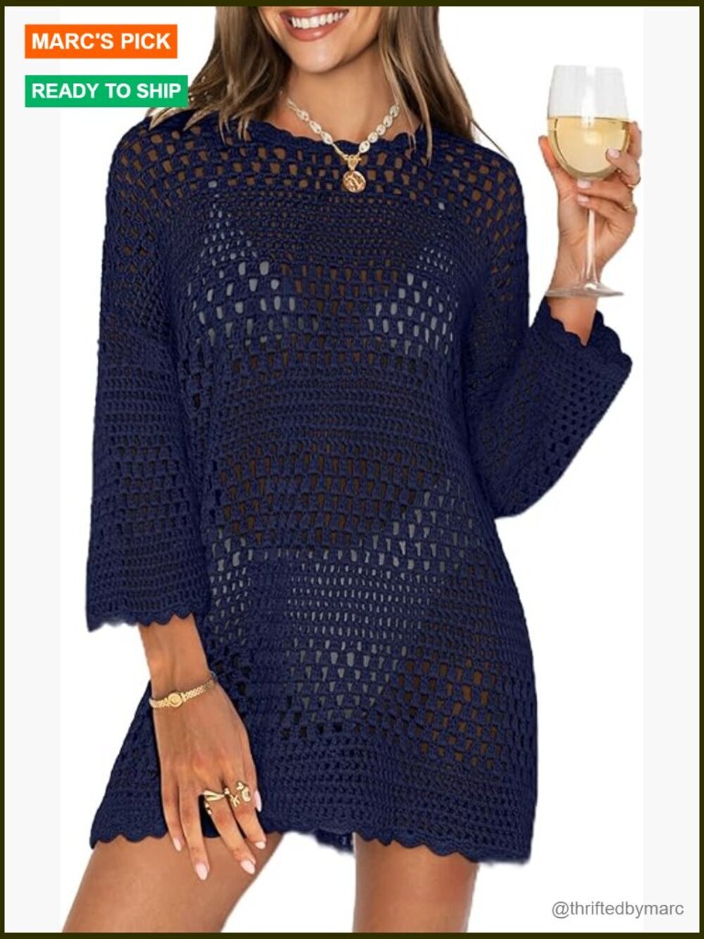 3/4 Sleeve Crochet Knit Swimsuit Cover Up Mini Dress